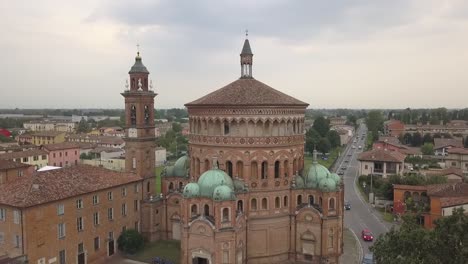 The-Sanctuary-of-Santa-Maria-della-Croce-in-Crema,-Italy,-is-seen-from-the-sky