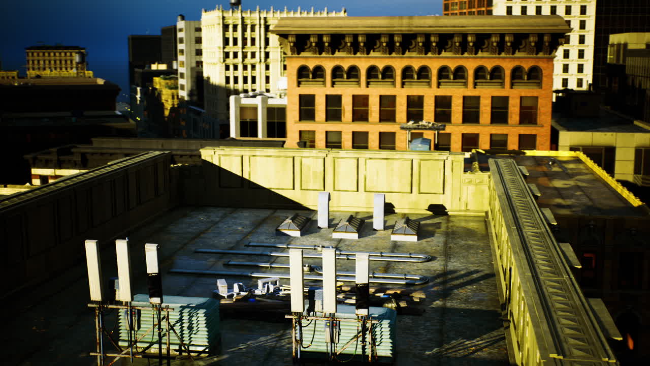 Rooftop construction site with materials under blue sky in downtown area