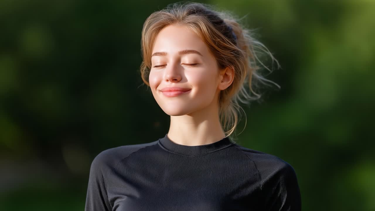 Una giovane donna che sorride e si gode la natura con un'espressione serena in un ambiente esterno tranquillo, irradiando gioia e contentezza alla luce del sole del primo mattino.
