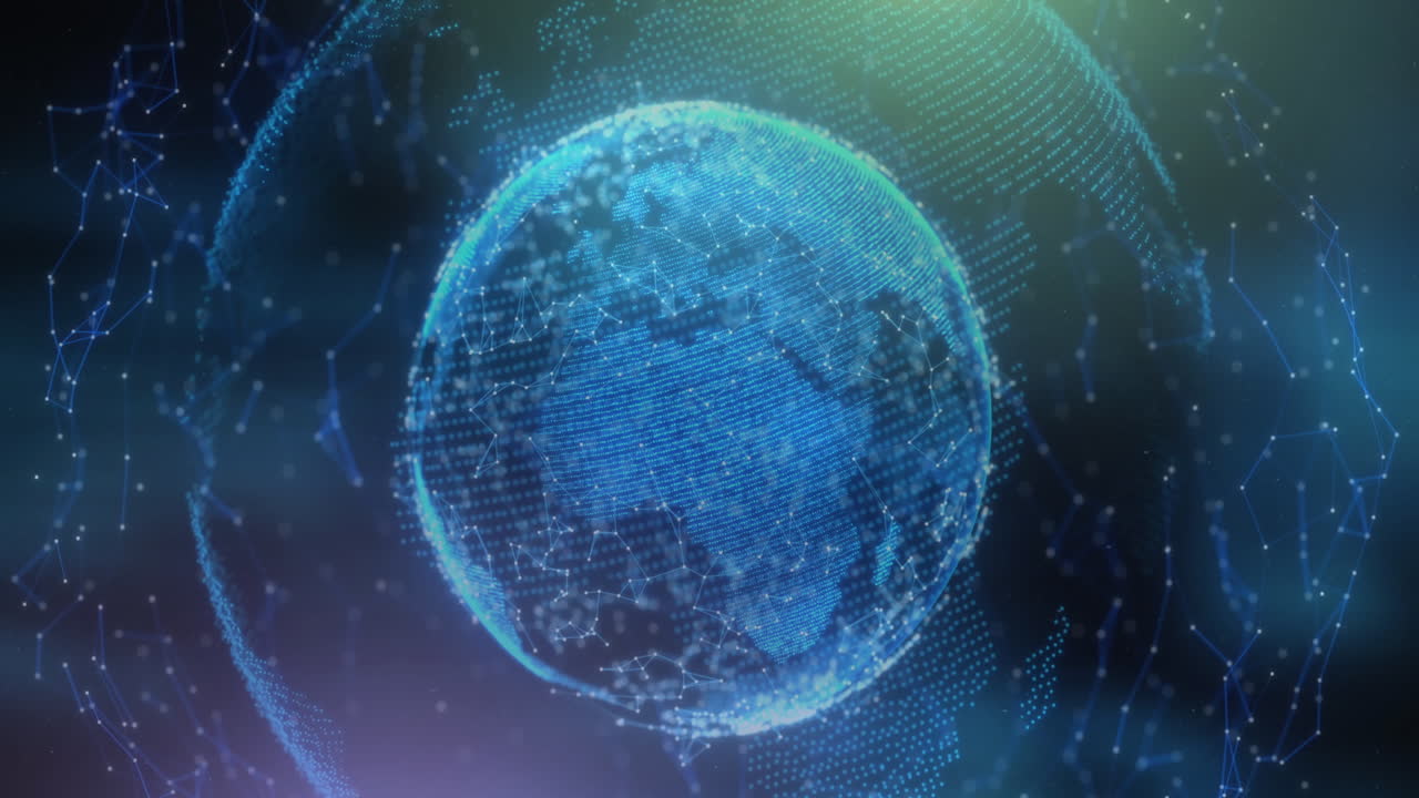 Animation of globe with networks of connections over glowing blue background