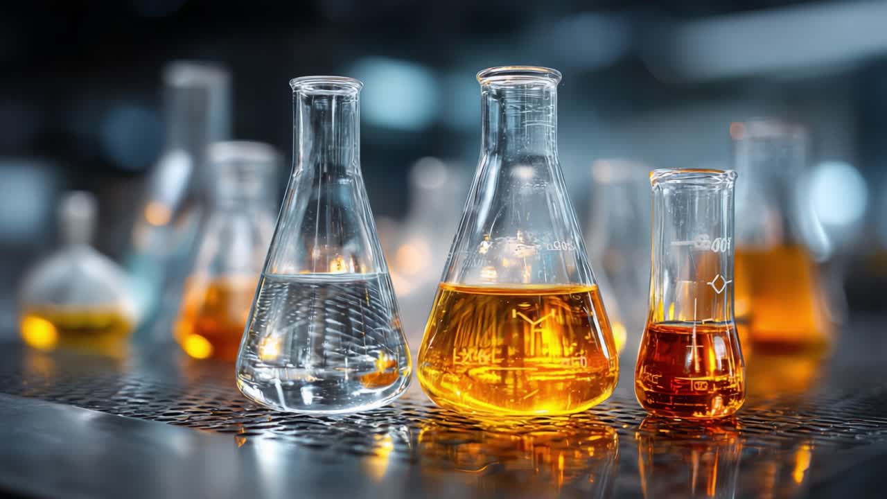 A Close-Up Look at an Array of Laboratory Glassware Filled with Vibrant Liquids, Showcasing Science and Experimentation in a Modern Setting