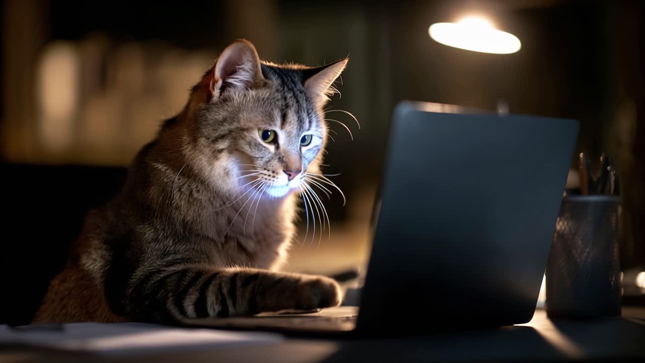Cat sits at a desk, gazing at a laptop screen. Soft light from above casts gentle glow on its fur. The cat's paw rests near the keyboard, poised for action. It tilts its head, showing curious