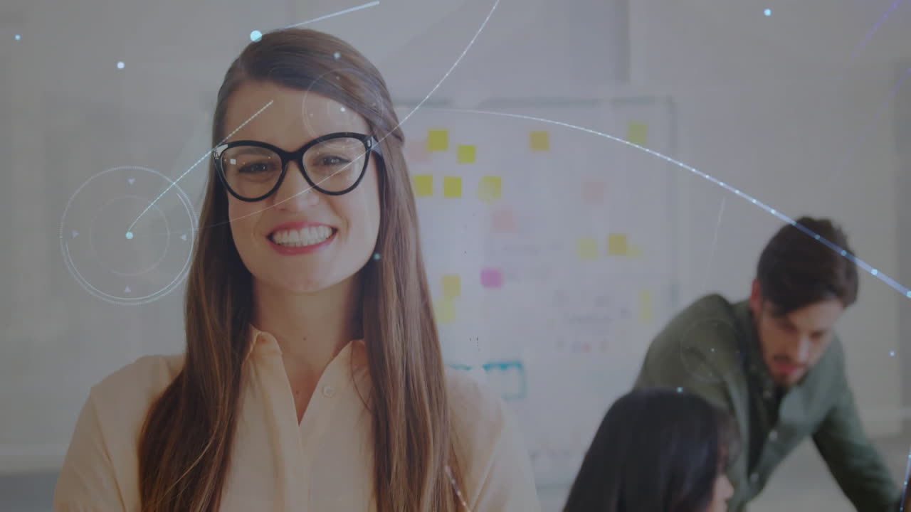 Processing data animation, smiling woman with glasses in office background