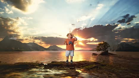 asian boy with a hat and binoculars using the magnifying glass then making call me gesture at a lake. boy researcher examines something, travel adventure, full body