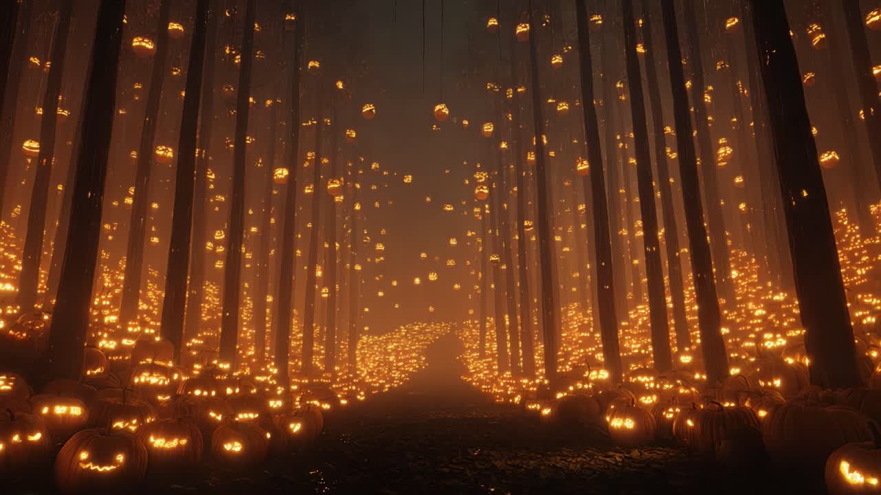 Enchanting Halloween Forest Filled with Glowing Jack-o'-Lanterns and Mysterious Fog, Creating a Spooky and Magical Atmosphere Under the Twinkling Lights