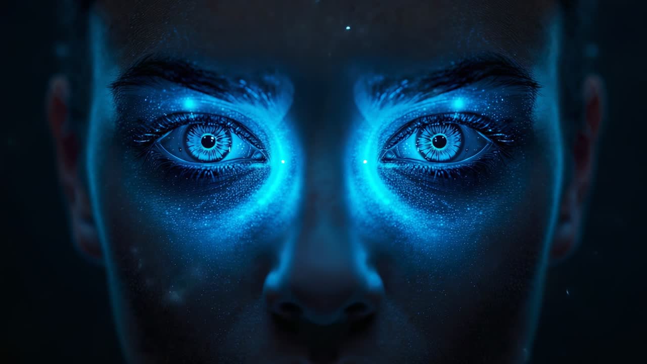 Gazing woman emitting blue glow around eyes in dark studio, with bright irises and floating specks