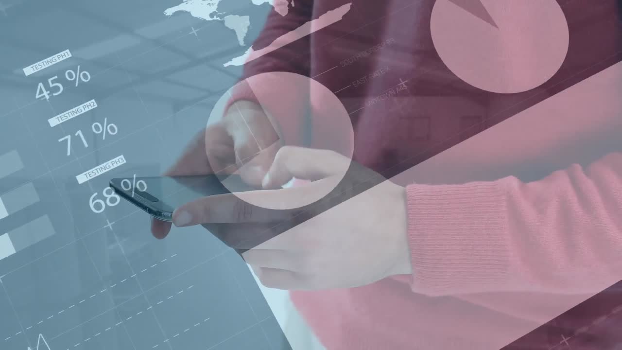 animación del procesamiento de datos estadísticos contra la sección media de un hombre que usa un teléfono inteligente