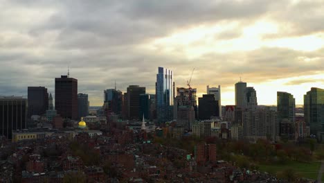 aerial view over beacon hill district, toward the the skyline, cloudy, fall evening in boston