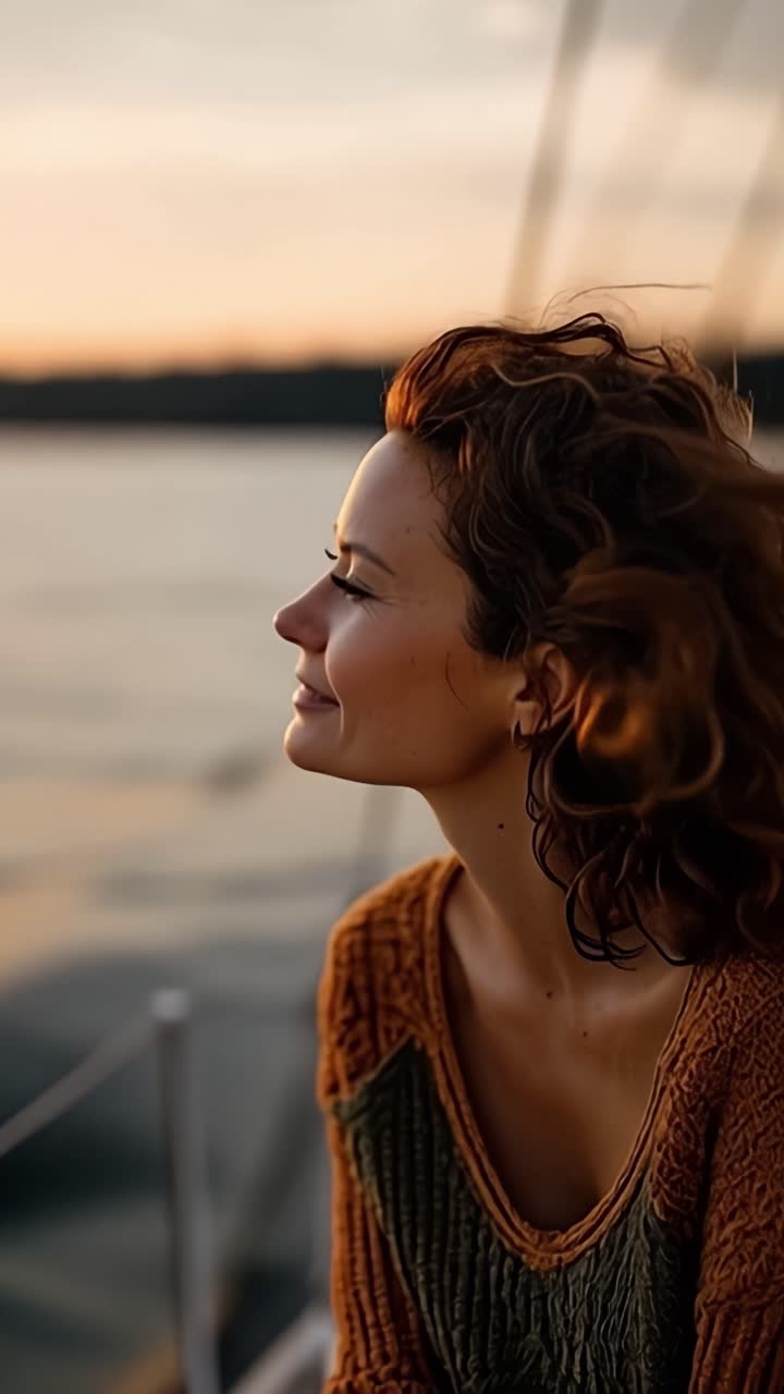 A Serene Sunset Sailor: Capturing a Woman's Tranquil Reflection While Sailing into the Golden Horizon, Embraced by Nature's Beauty and Warmth