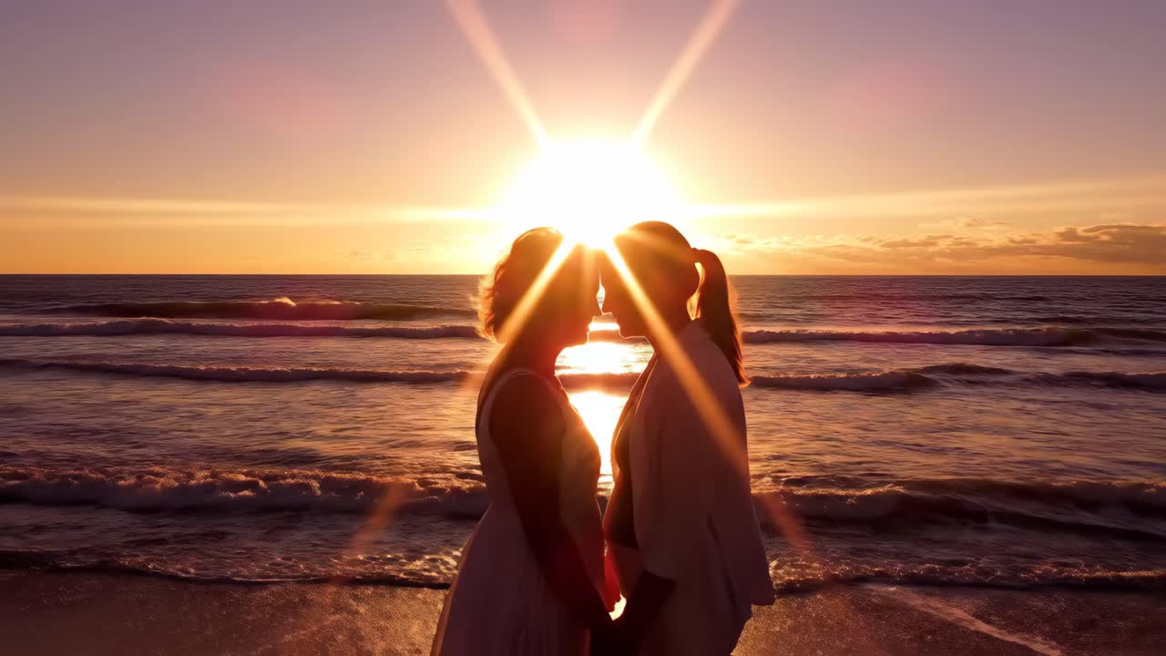 Romantic Couple Holding Hands on the Beach at Sunset