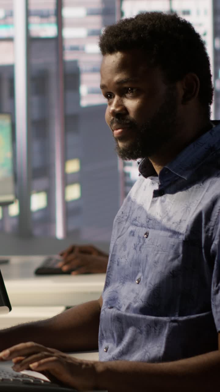 Vertical video IT professional working with AI tech to transform data into predictive models