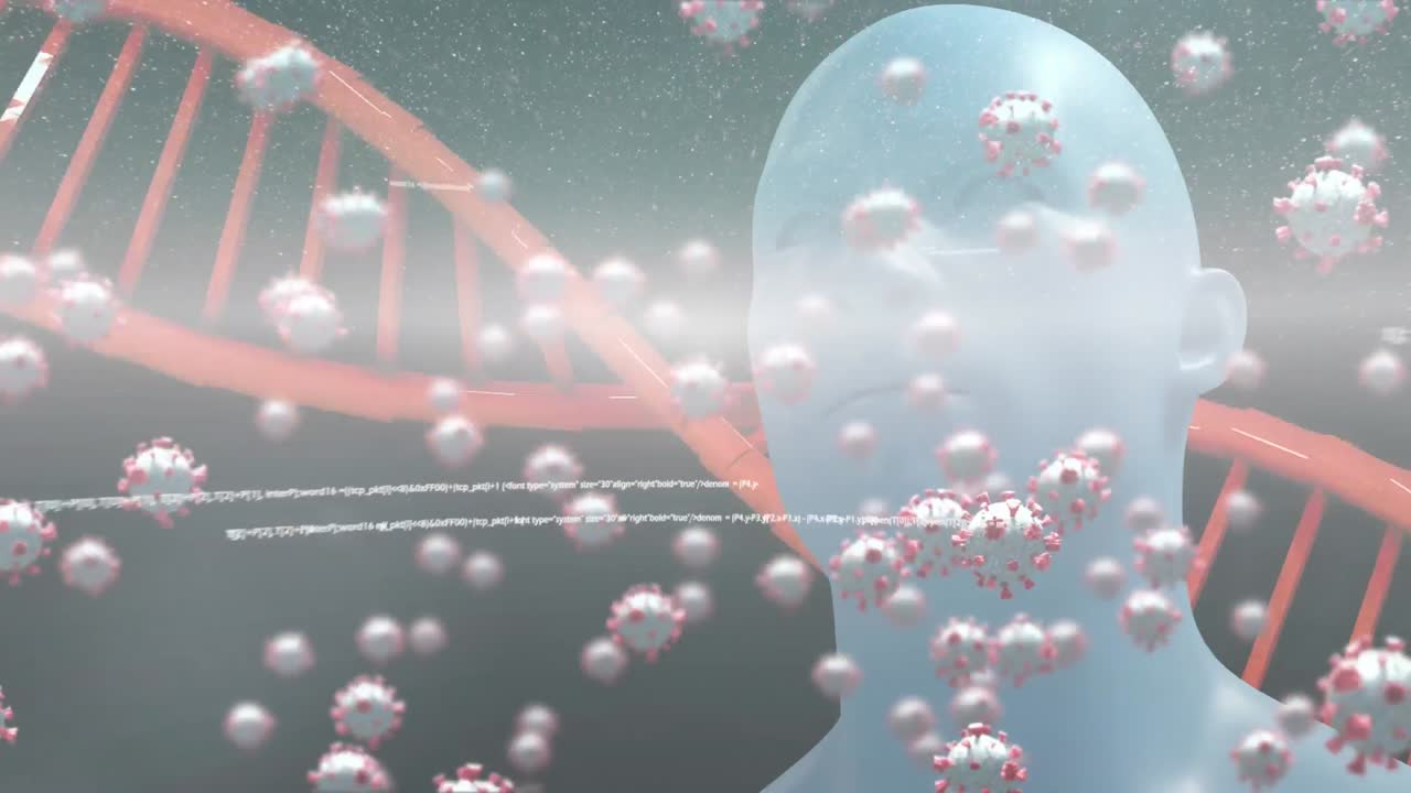 어두운 배경에 회전하는 dna 줄에 떨어지는 세포의 애니메이션