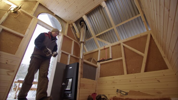 Interior POV off wooden sauna build as handywoman takes measurement with tape