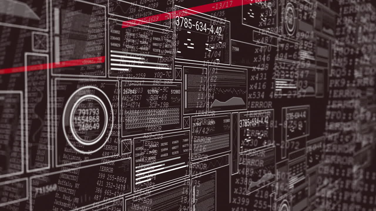 Animation with digital data and error messages on complex interface with red lines