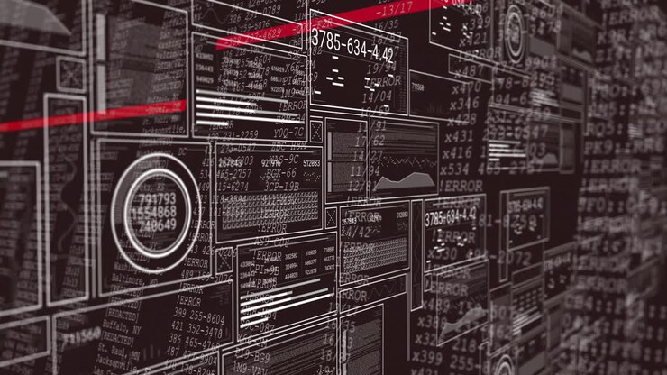Animation with digital data and error messages on complex interface with red lines