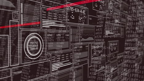 animation with digital data and error messages on complex interface with red lines