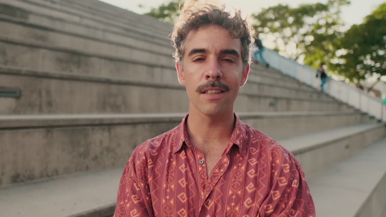 Retrato em Close-up de Homem Sorrindo com Bigode ao Ar Livre
