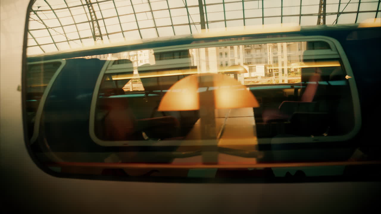 Close up view from a window of a train moving on the rails near a station in Nice, France