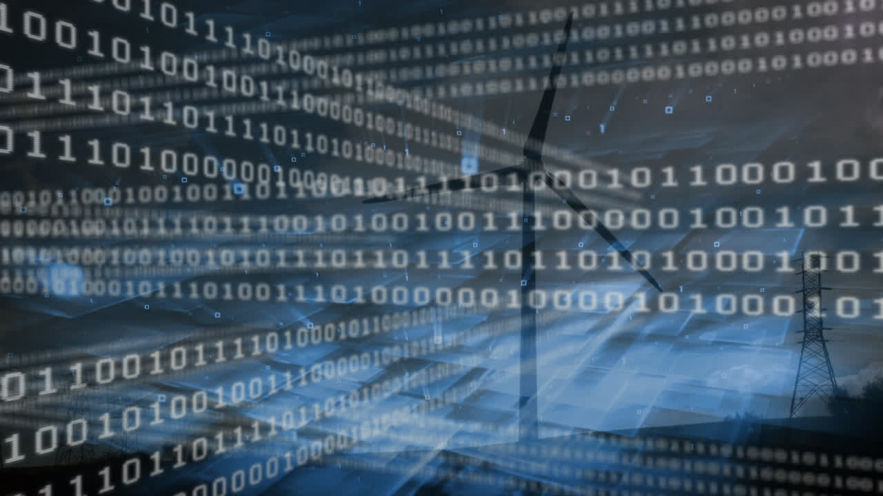 Animation of data processing over wind turbine and pylon