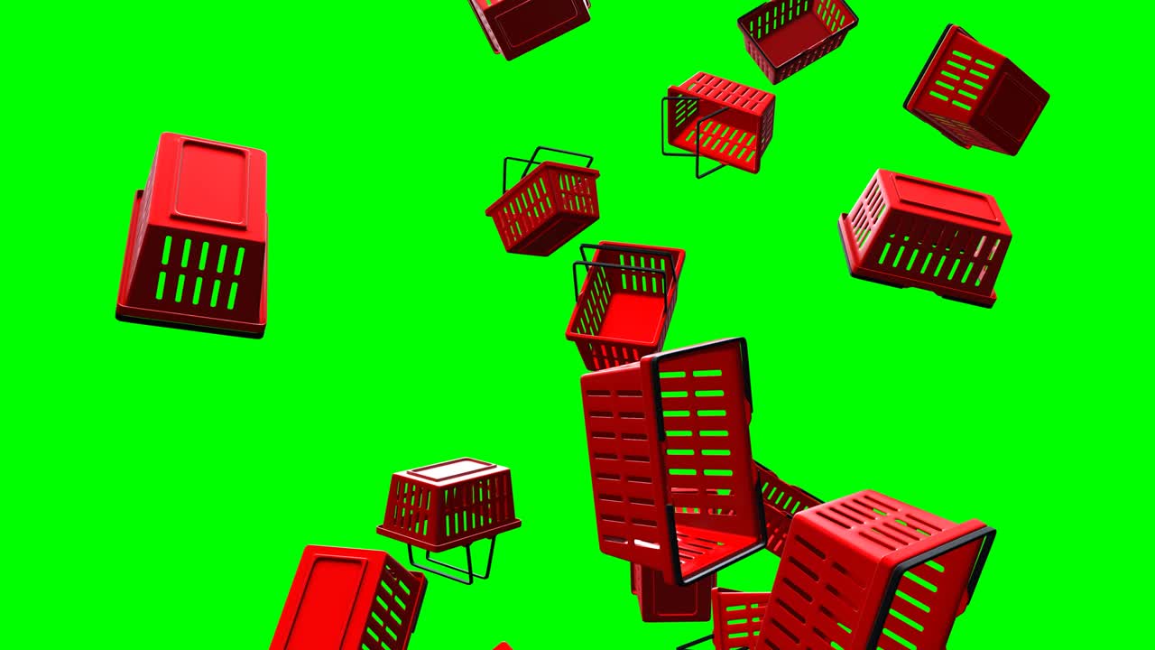 녹색 크로마 키 배경에 빨간 플라스틱 쇼핑 바구니.