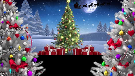 animación de árboles de navidad, regalos con santa claus en trineo con renos sobre un paisaje de invierno.