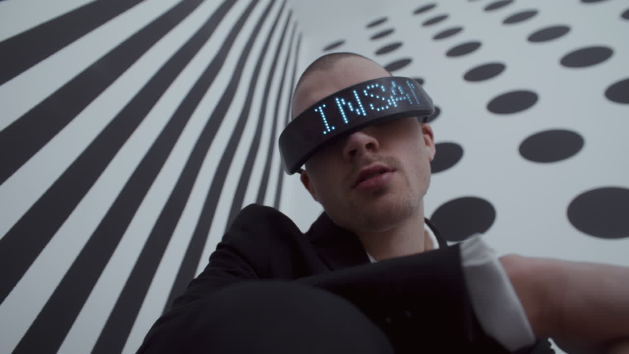 Man Wearing VR Headset with Digital Display