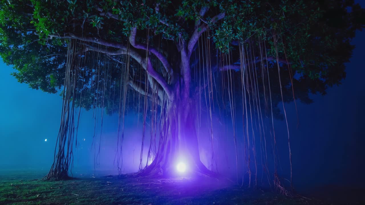 Mystical Banyan Tree at Night with Purple Light