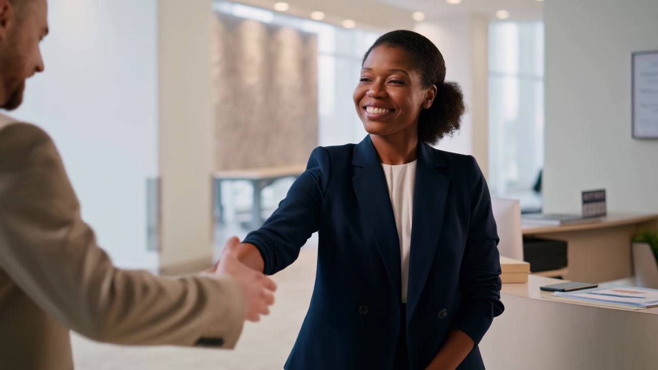 Black Businesswoman Greeting Client With Handshake In Modern Office Reception Area, Smiling Warmly,