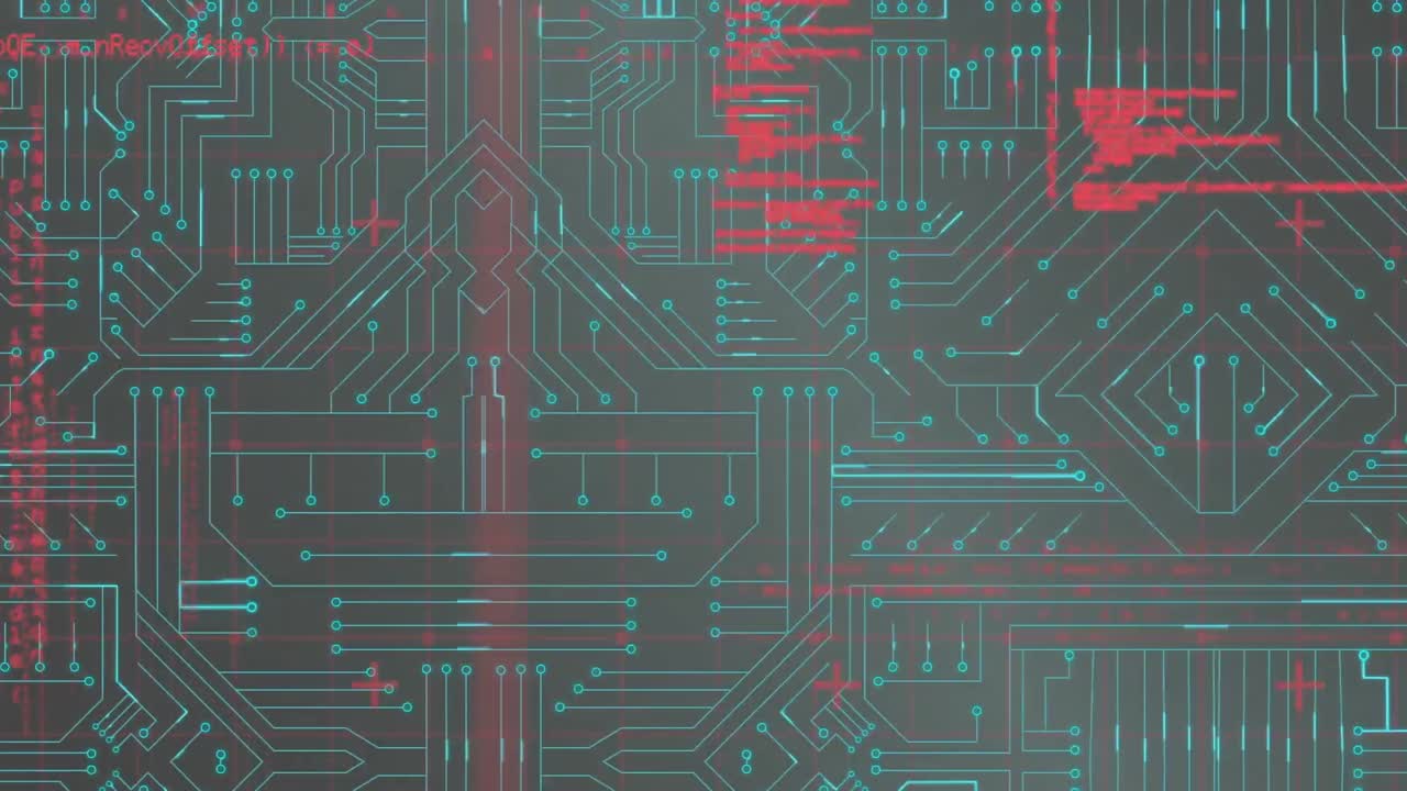 검은색 배경에 데이터 처리를 통해 컴퓨터 회로판의 애니메이션
