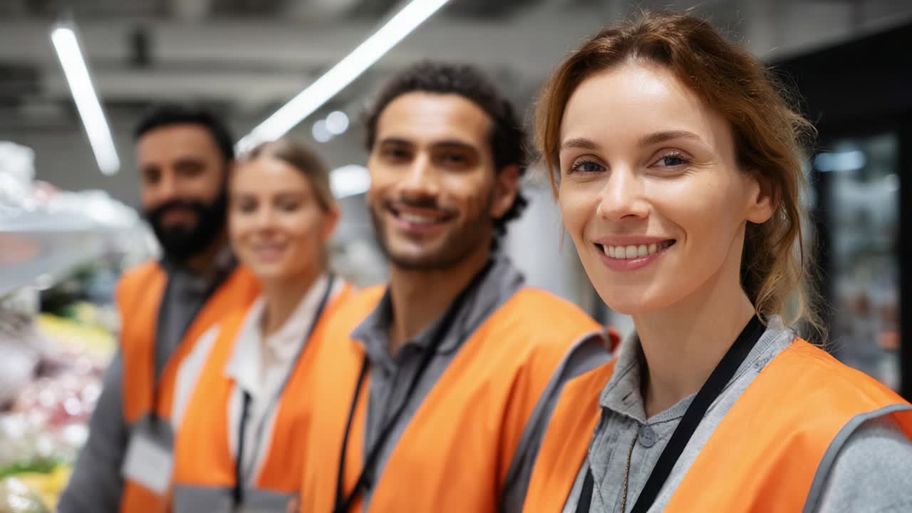 A group of diverse individuals wearing bright orange safety vests stand together in a modern grocery store, showcasing teamwork and professionalism while displaying warm smiles of engagement and friendliness