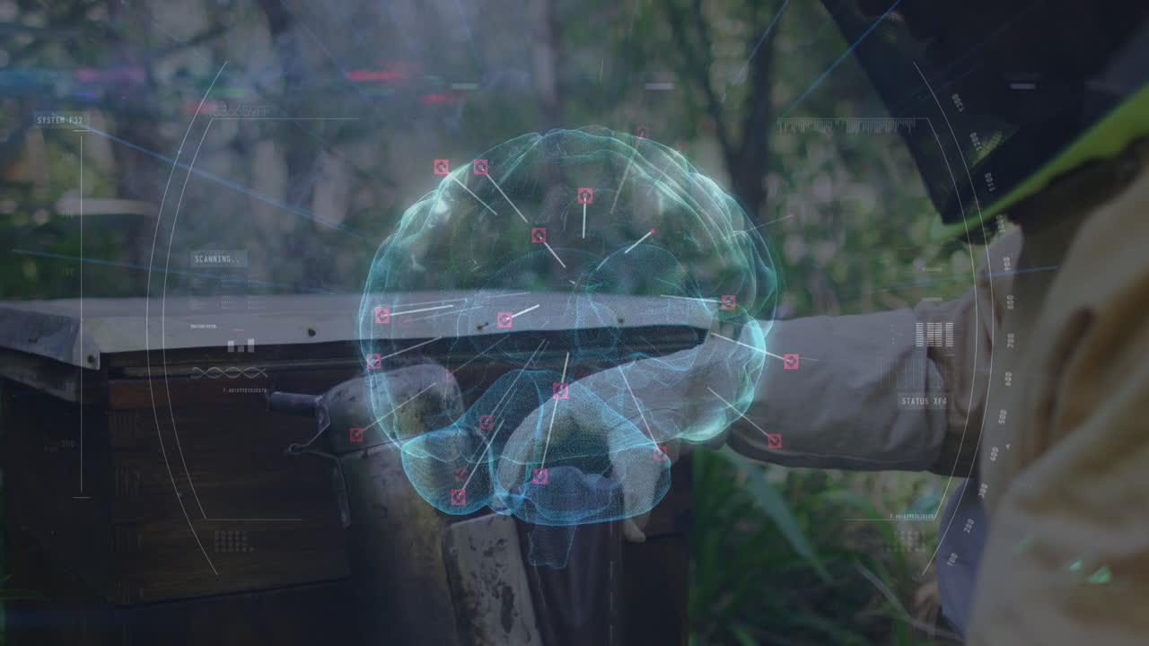 In forest, beekeeper working with hive, digital brain animation overlaying scene