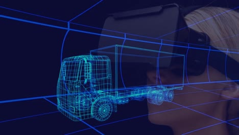 animation of 3d car drawing over woman wearing vr headset