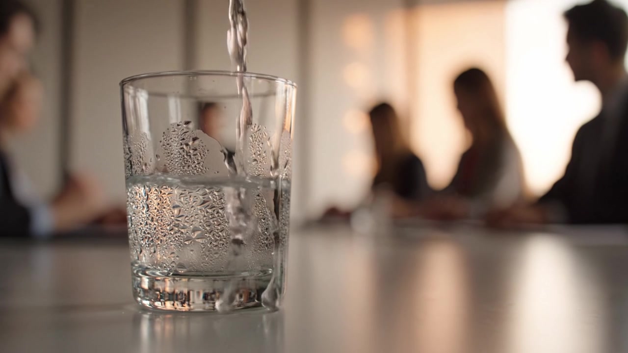 Eine Nahaufnahme eines Glases mit Kondenswasser, platziert auf einem Tisch in einem Konferenzraum, mit im Hintergrund diskutierenden Personen.