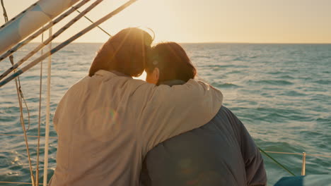 back, lesbian couple and hug on yacht at sunset