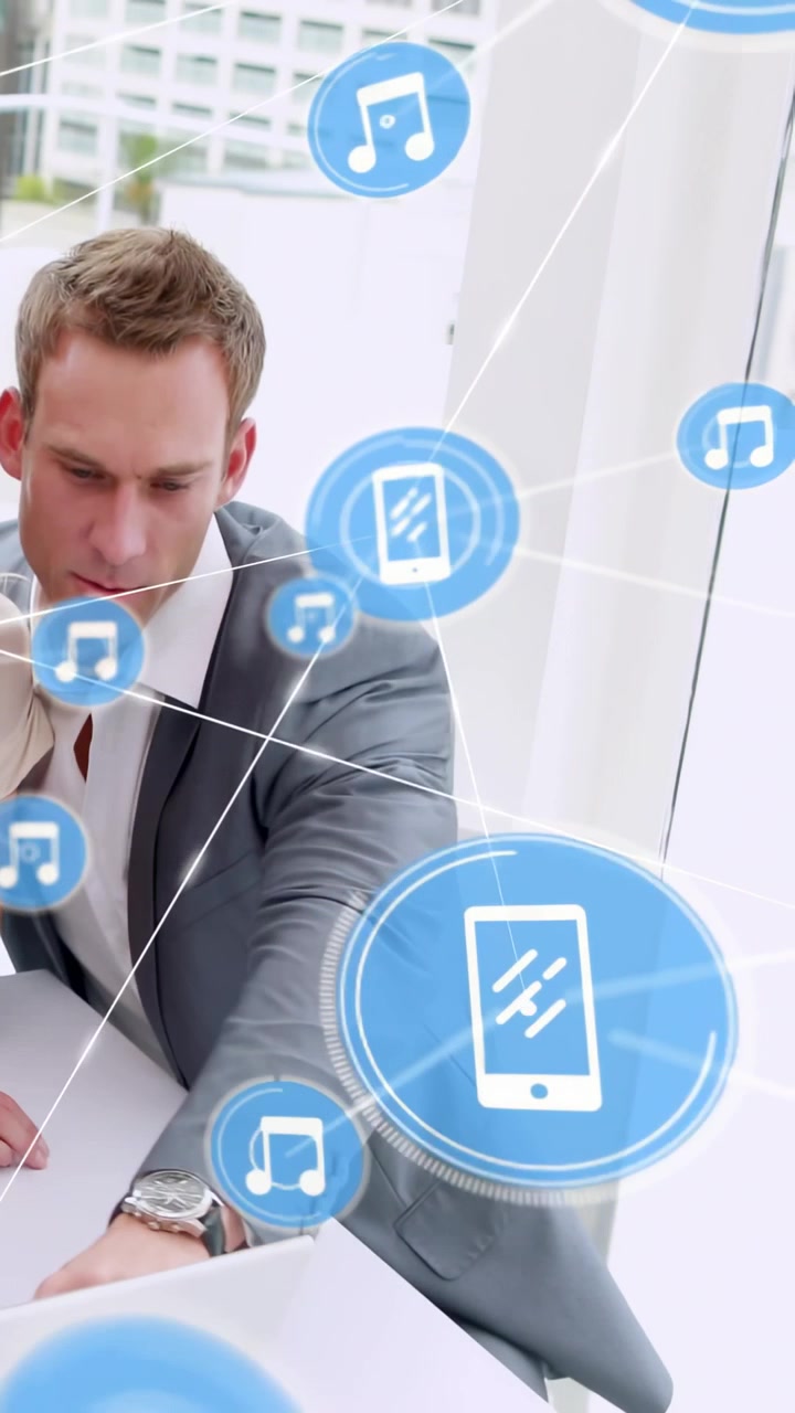 Vertical video: Blue icon popping, nodes linking and moving, man leaning reaching showing network