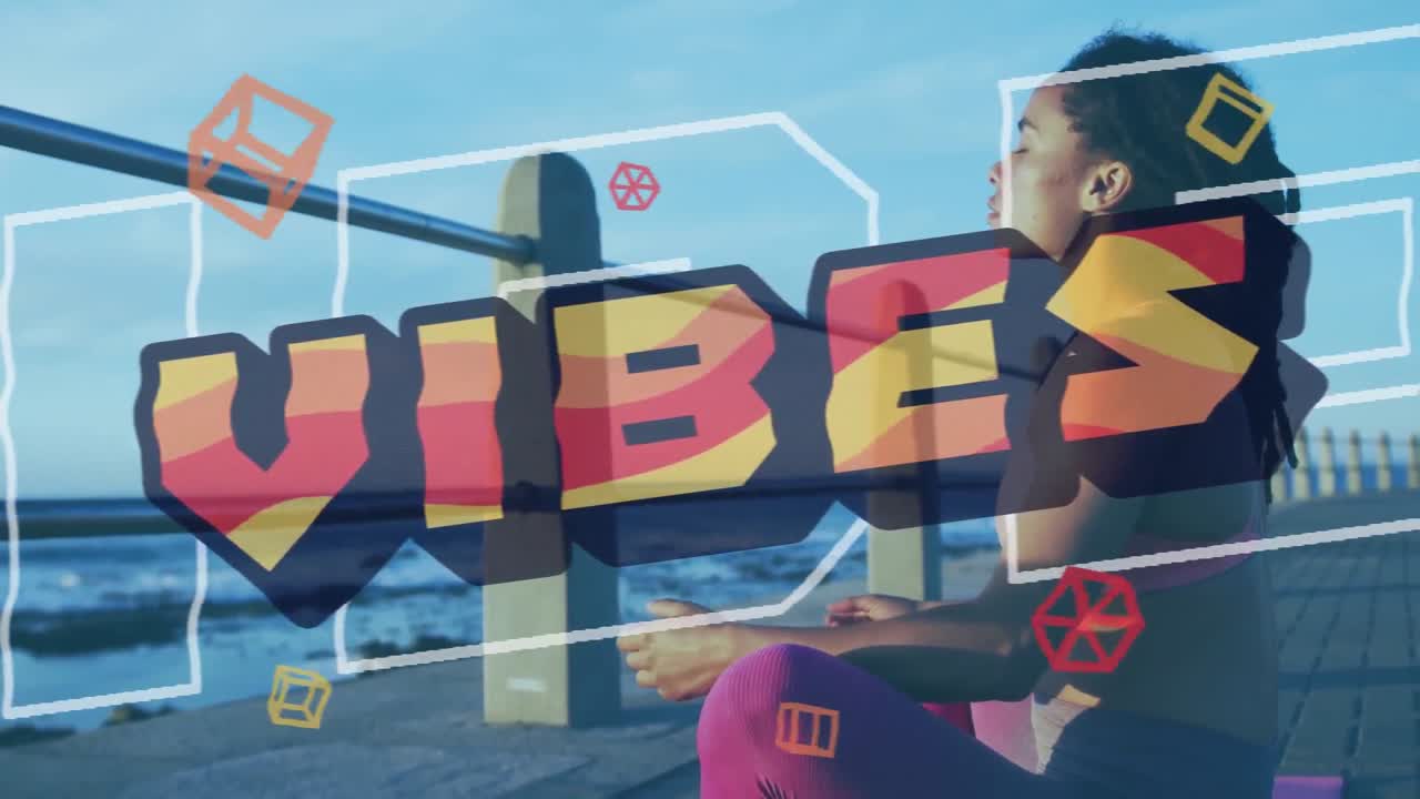 estilo retro vibra texto contra mujer afroamericana practicando yoga y meditando en el paseo marítimo