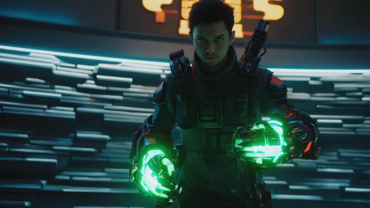 Futuristic character with glowing energy hands
