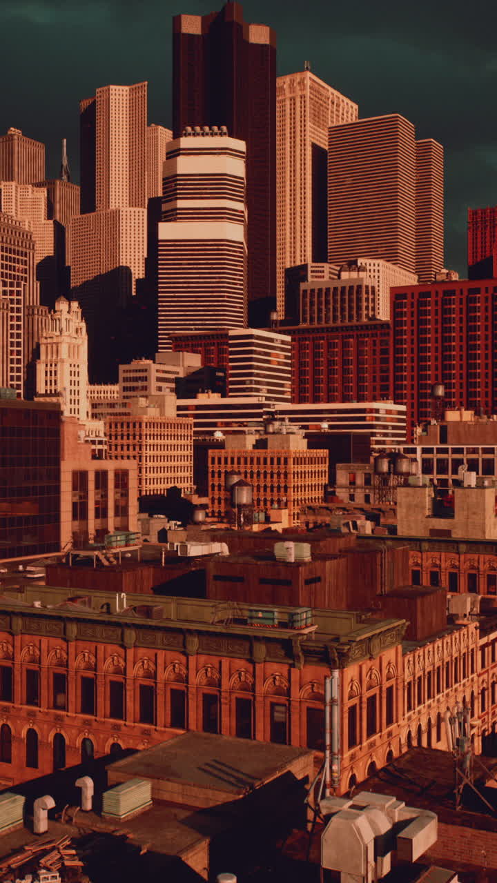 해가 지고 있는 도시 스카이 라인 의 공중 사진