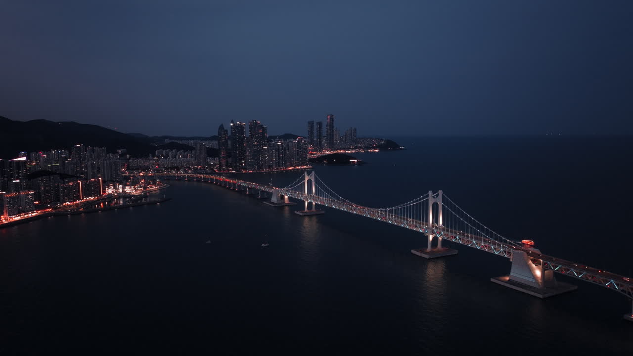 Vista notturna di un ponte sull'acqua con lo skyline della città