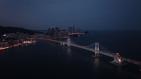 night view of a bridge over water with city skyline