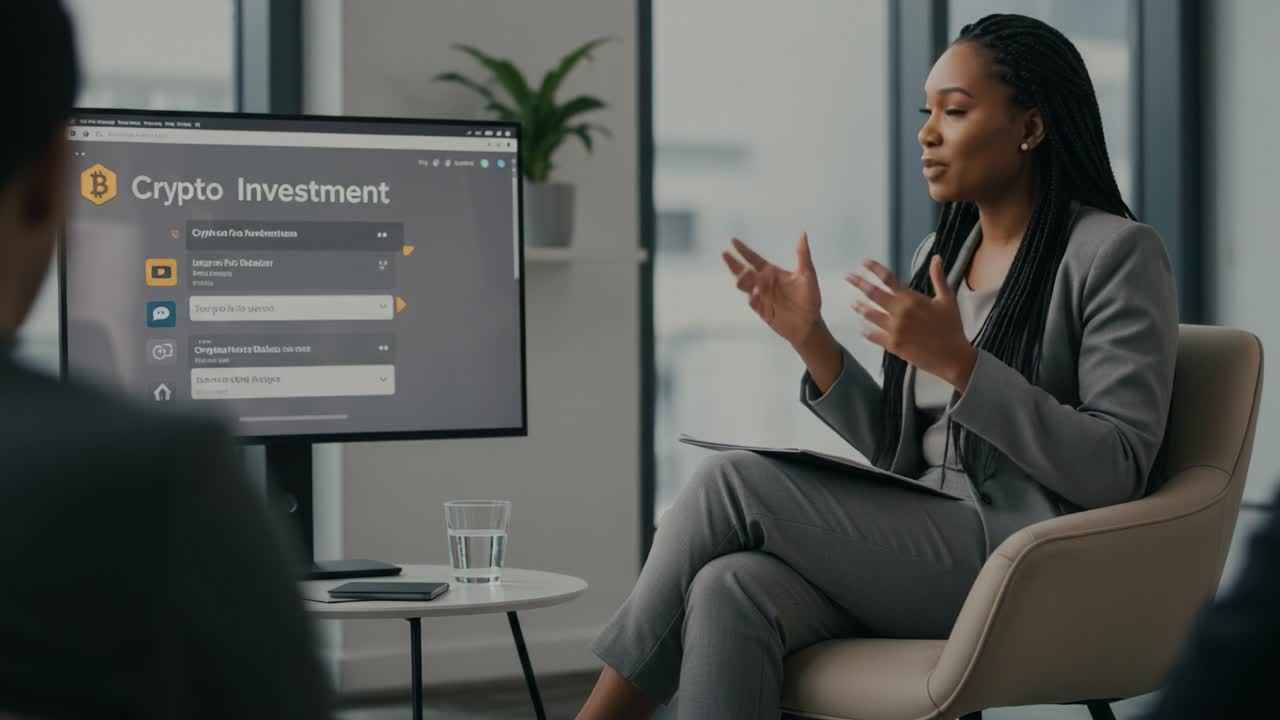 A Professional Woman Discusses Insights and Strategies in Crypto Investment During a Business Meeting, Highlighting Technology and Financial Growth Opportunities