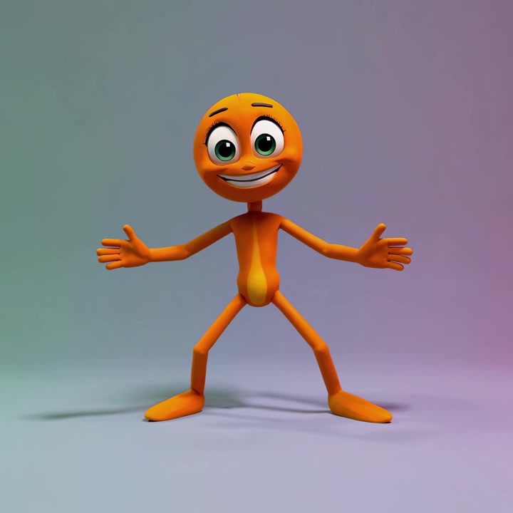 Personaje naranja animado bailando y sonriendo