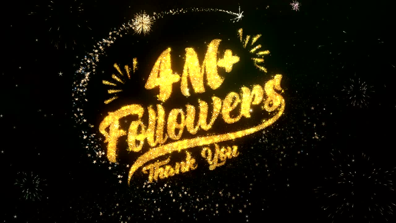 4m 추종자 인사 및 희망 카드는 반이는 입자 및 반이는 빛의 어두운 밤 하늘과 다채로운 불꽃놀이 4k 배경으로 만들어졌습니다.