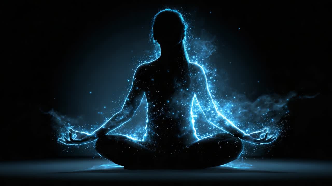 Una meditazione luminescente: una figura serena seduta in posizione del loto, avvolta in un'aura radiosa di luce blu scintillante su uno sfondo scuro.