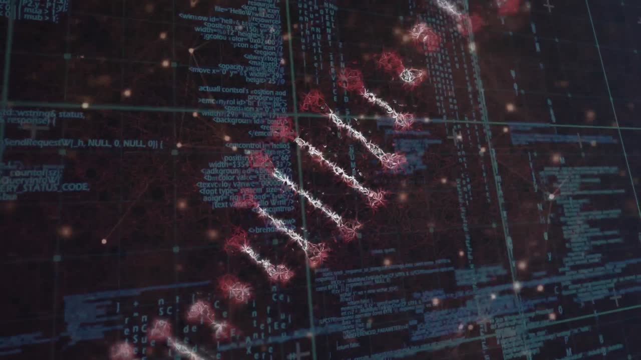 animación de la cadena de adn que gira sobre el procesamiento de datos y la red de conexiones con puntos brillantes