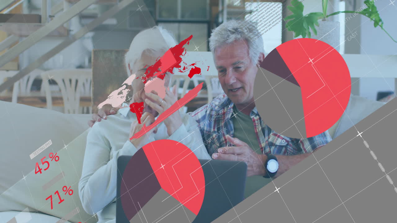 animación del procesamiento de datos financieros sobre una pareja caucásica anciana usando una computadora portátil