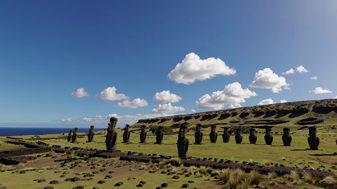 Video grandangolare che riprende le iconiche statue dell'Isola di Pasqua sotto un cielo blu limpido
