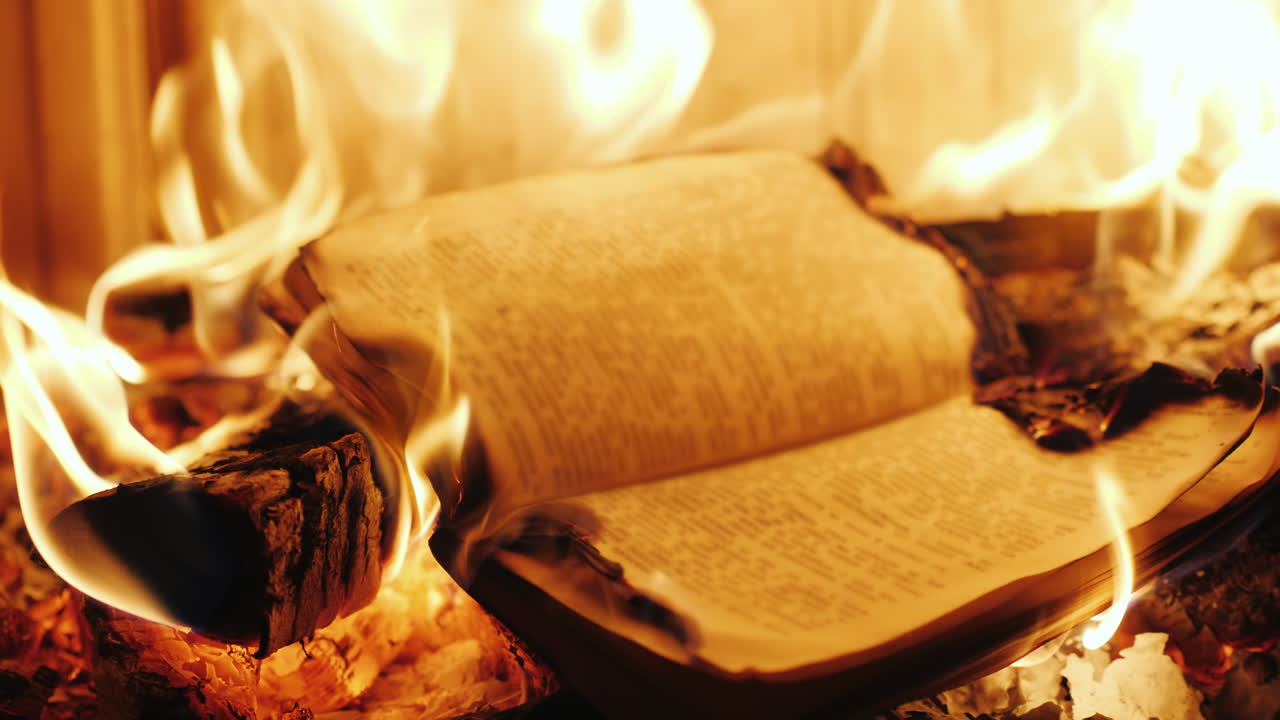 Il libro brucia nel fuoco del camino