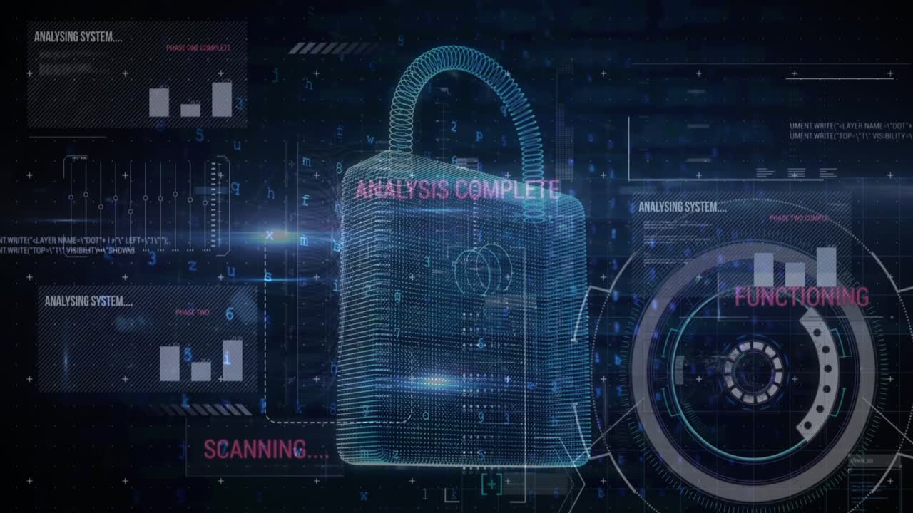 Animation of security padlock and data processing over navy background