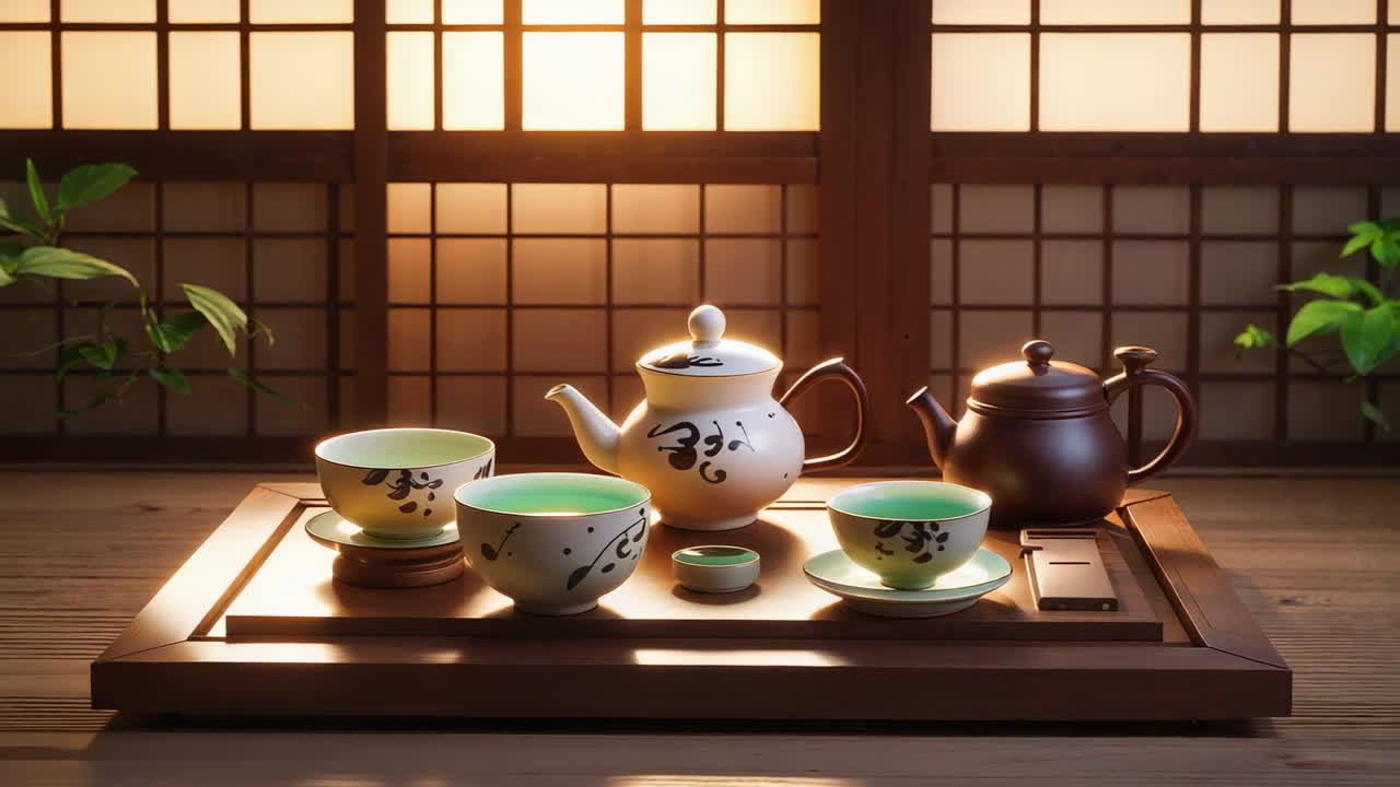 Traditional Japanese Tea Set by Shoji Screen